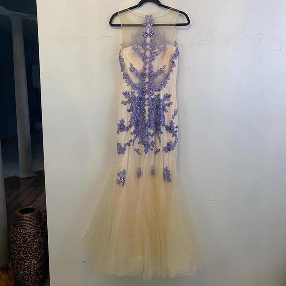 BOUBOU cream and blue hand beaded maxi tulle formal gown - Picture 5 of 7